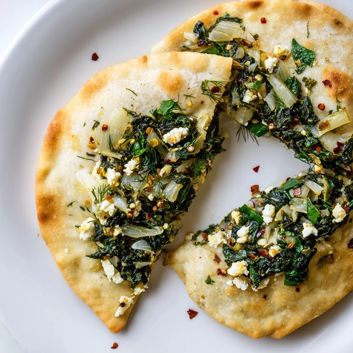 Golden, crispy Turkish Spinach & Feta Flatbread, filled with savory spinach and herbs, ready to serve.