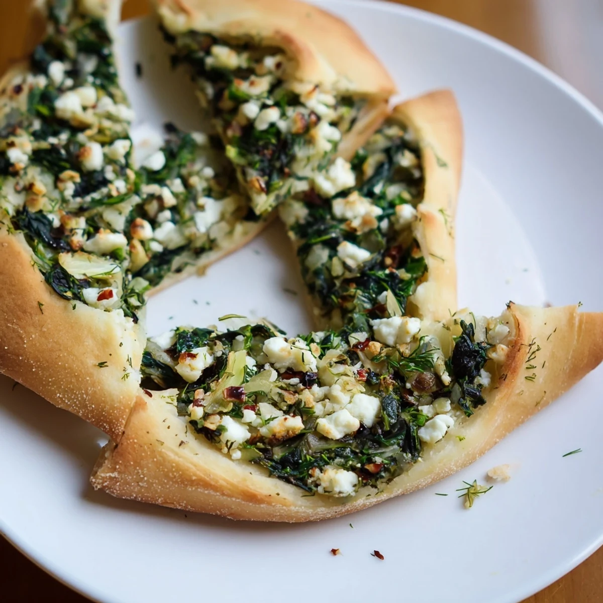 A close-up shot of pan-baked Turkish Spinach & Feta Flatbread, showcasing the golden crust and filling.