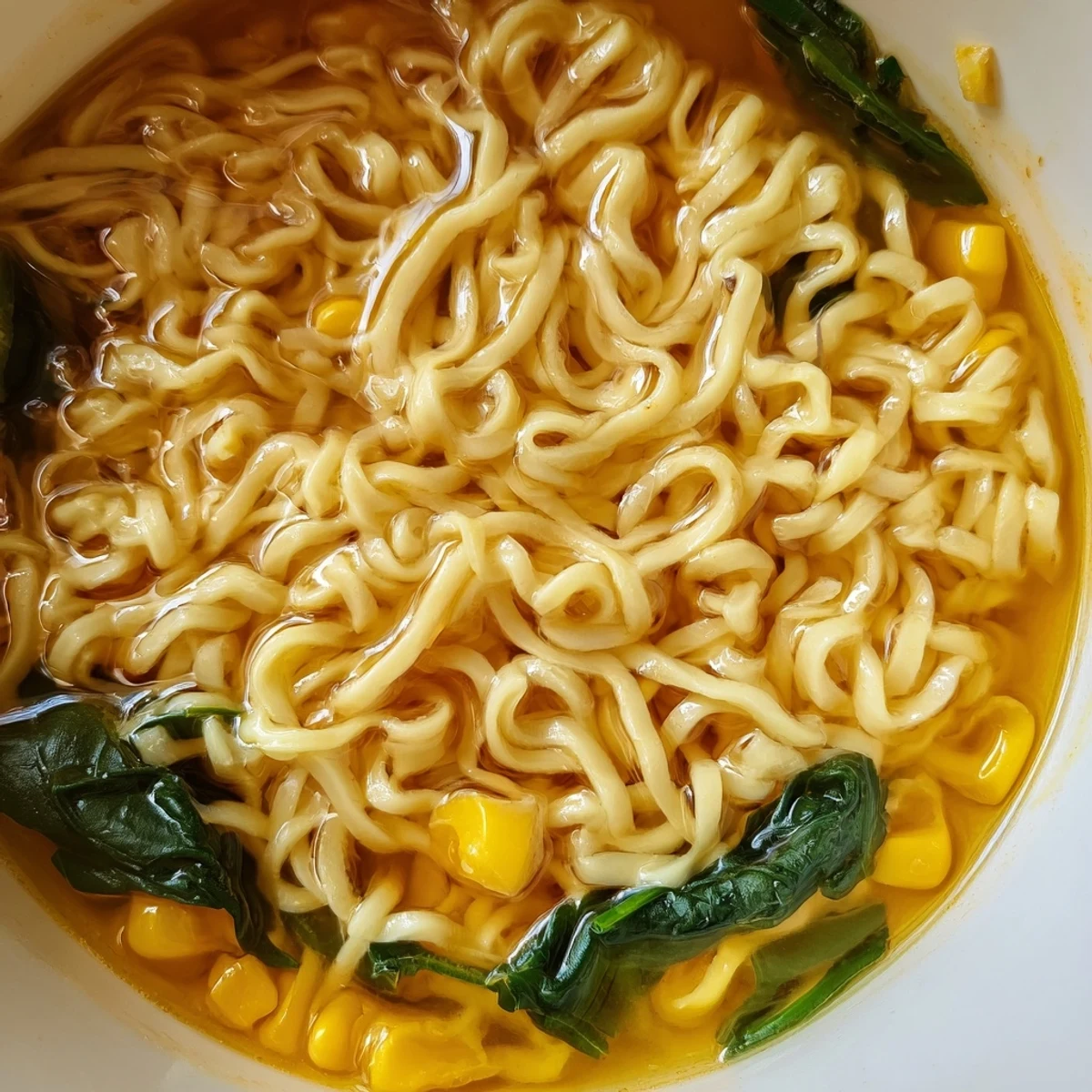 Steaming bowl of Elevated Ramen Egg Drop Soup with tender noodles, silky egg ribbons, and fresh scallions.