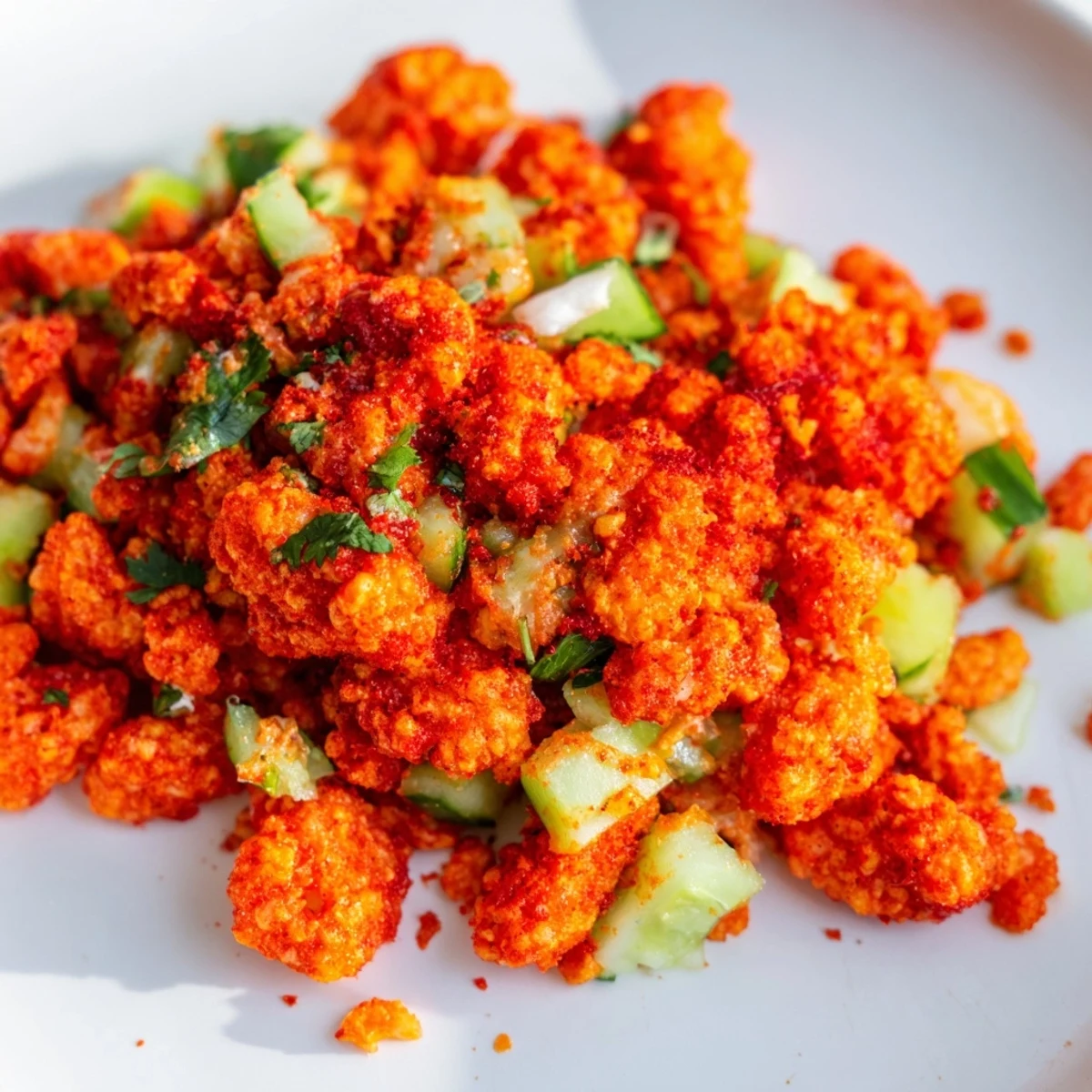 Bright red Flamin Hot Cheeto Salad with diced cucumber and fresh cilantro tossed in a zesty lime dressing.