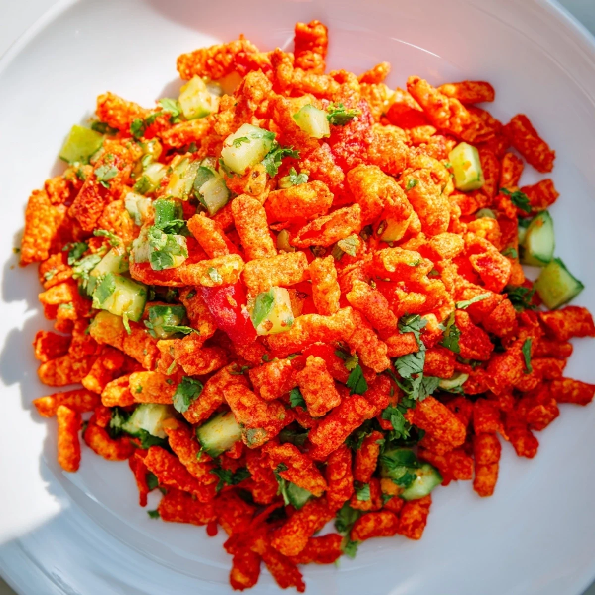 Colorful Flamin Hot Cheeto Salad served in a white bowl, topped with a squeeze of lime and extra heat.