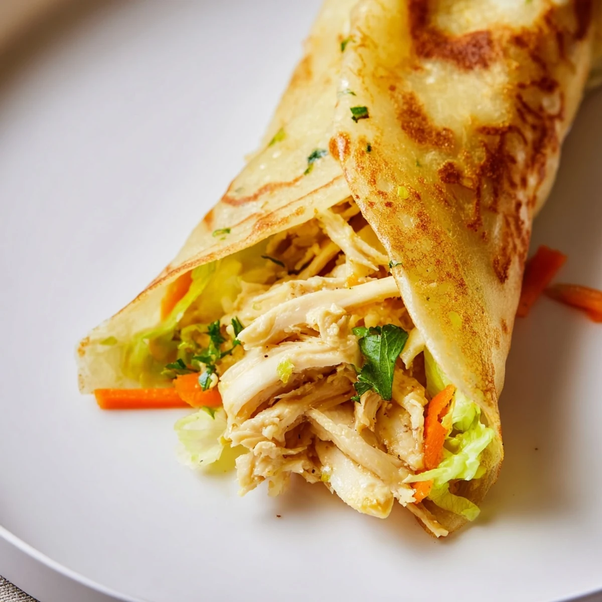 Golden crispy rice paper wraps filled with garlicky pulled chicken, fresh lettuce, carrot, and cucumber, served warm on a plate.  