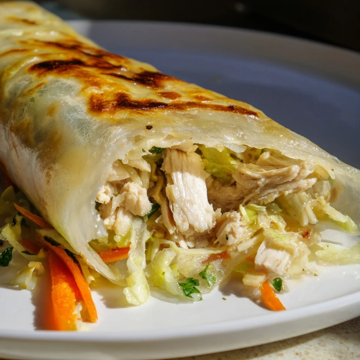 Sizzling garlicky pulled chicken wraps with crunchy veggies, bright parsley, and a drizzle of lemon, ready to serve.
