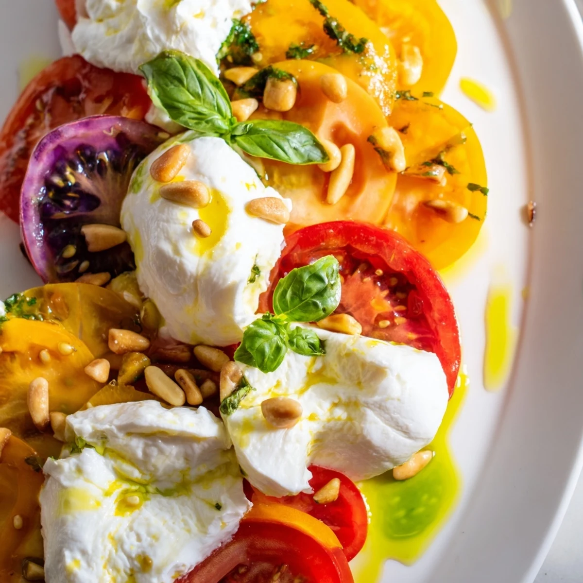 A vibrant heirloom tomato salad board with creamy burrata, fresh basil, and crusty bread, arranged on a rustic wooden surface.