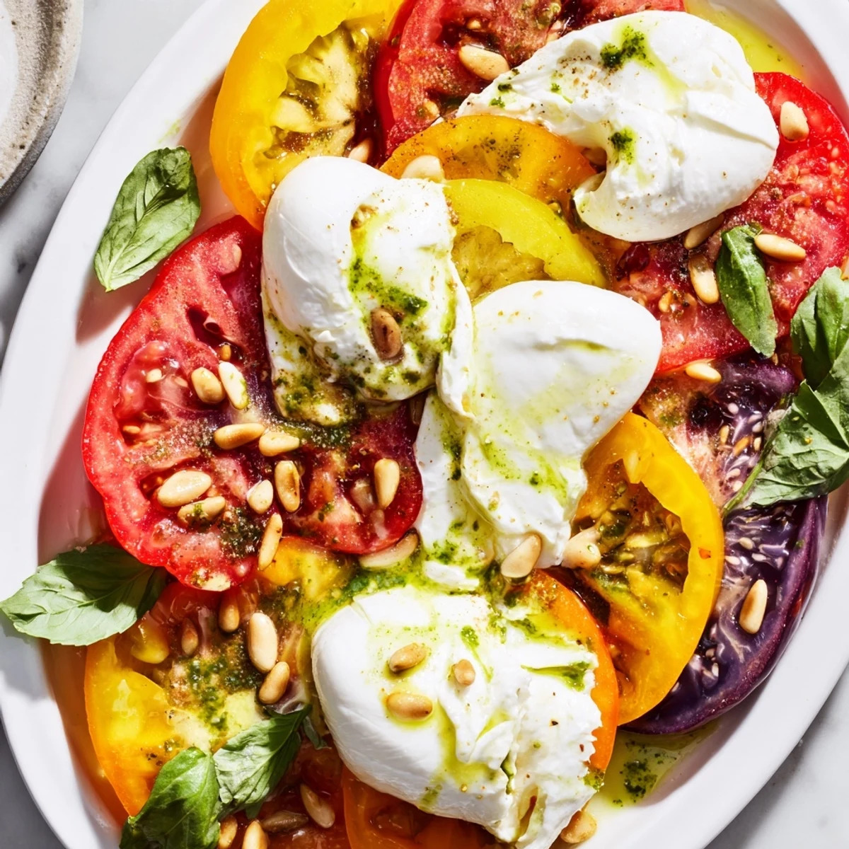 Colorful Mediterranean appetizer board with heirloom tomatoes and burrata, perfect for summer picnics and al fresco dining.