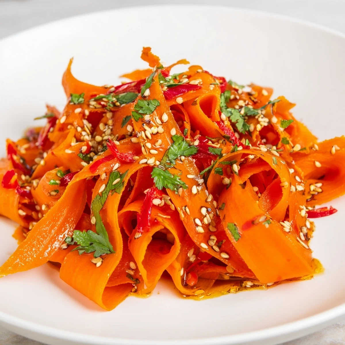 Close-up of a vibrant Carrot Ribbon Salad Asian-Style, featuring bright orange carrot curls tossed with fresh green onions and cilantro.  