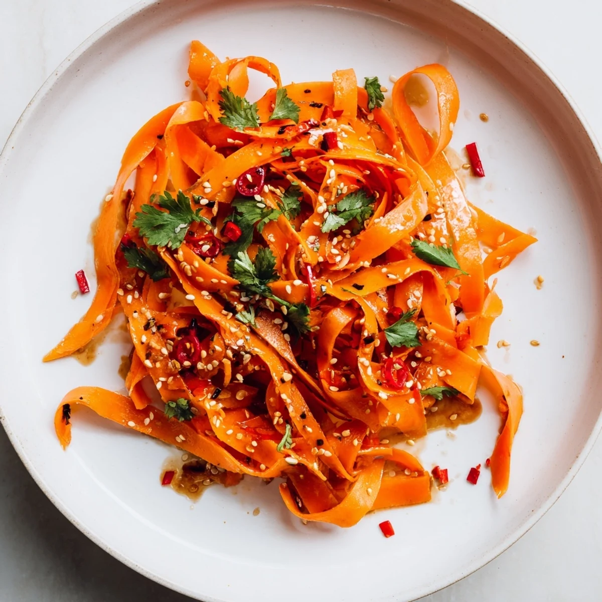 A fresh serving of Carrot Ribbon Salad Asian-Style, drizzled with glossy sesame dressing and topped with crunchy toasted sesame seeds.  
