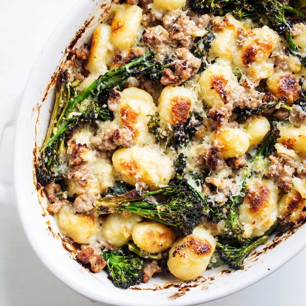 A close-up view of a skillet-roasted gnocchi bake with Italian sausage and broccolini, topped with melted Parmesan.