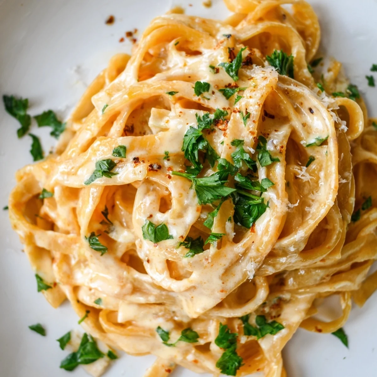 Garnished with fresh parsley and Parmesan, this creamy Sriracha Honey Pasta shines in a skillet.