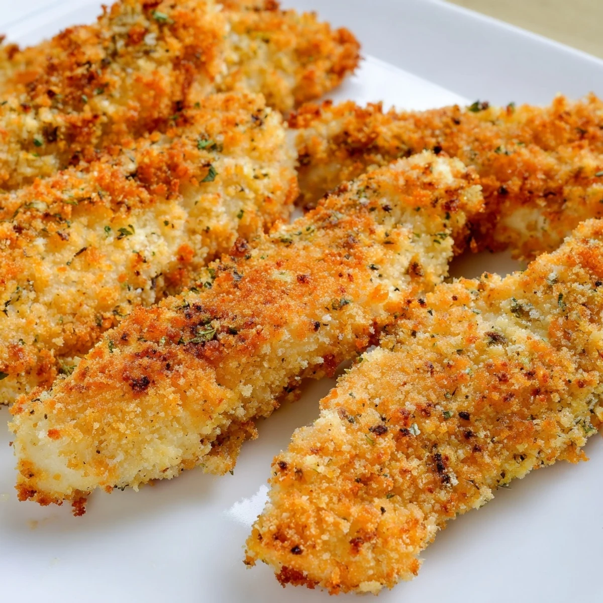 Golden-brown Crispy Panko Chicken Strips fresh from the oven, served with a creamy dipping sauce.