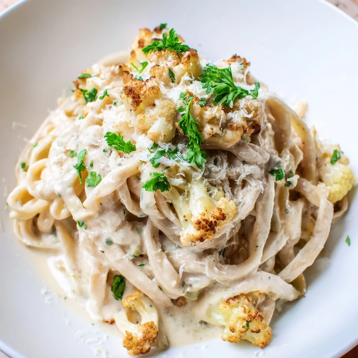 Golden roasted cauliflower florets for Roasted Cauliflower Alfredo sauce glisten on a parchment-lined baking sheet. 