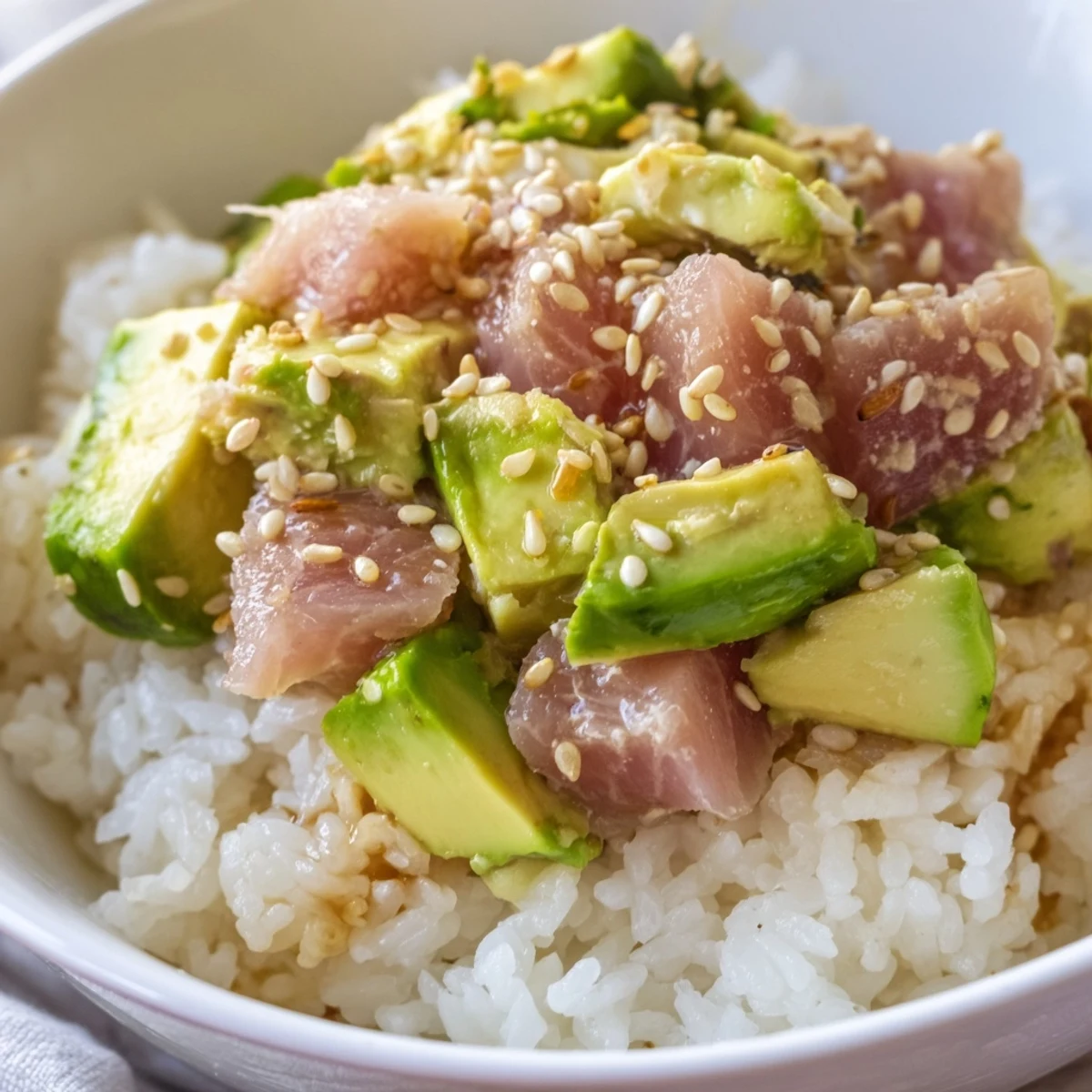 In this easy fusion recipe, tender tuna and ripe avocado sit on warm jasmine rice, drizzled with a savory sesame-ginger dressing and garnished with nori.  