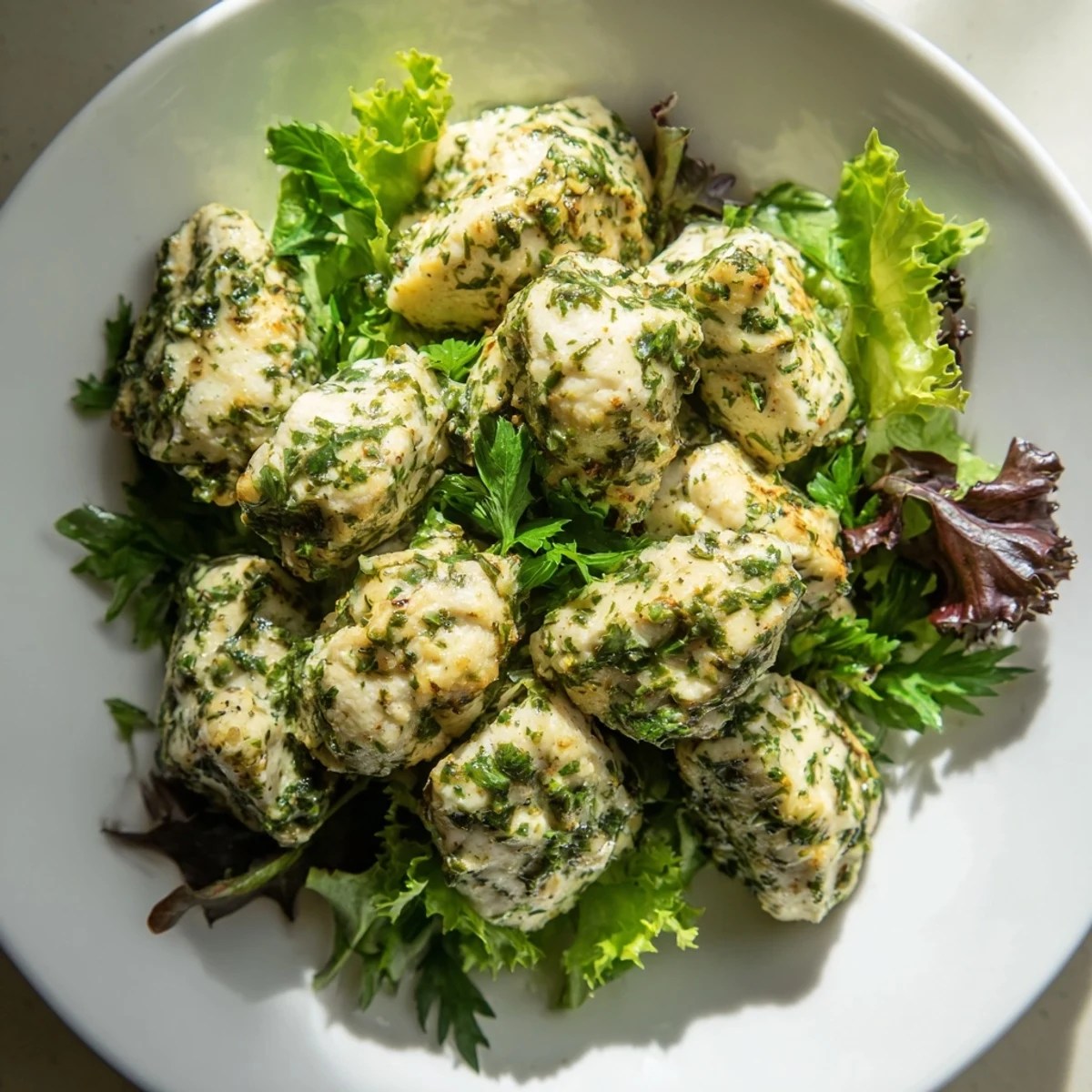 Sliced avocado and cucumber top this refreshing Green Goddess Chicken Salad, served on a platter for a light, protein-packed main dish.