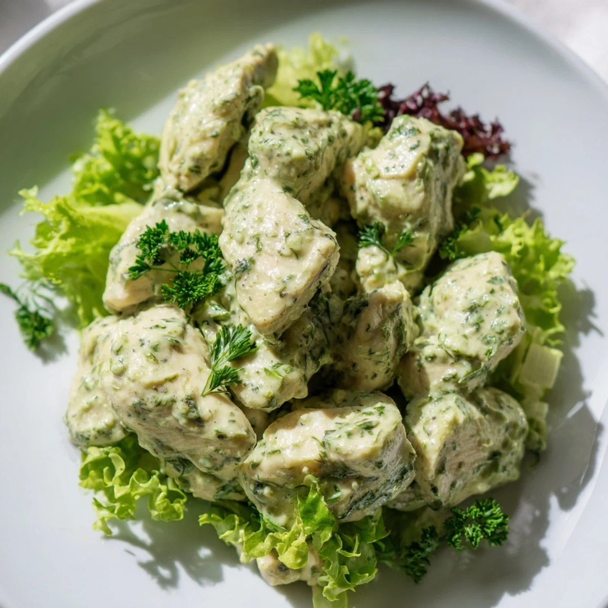 Vibrant Green Goddess Chicken Salad features tender baked chicken chunks coated in creamy herb dressing over crisp mixed greens and cherry tomatoes.