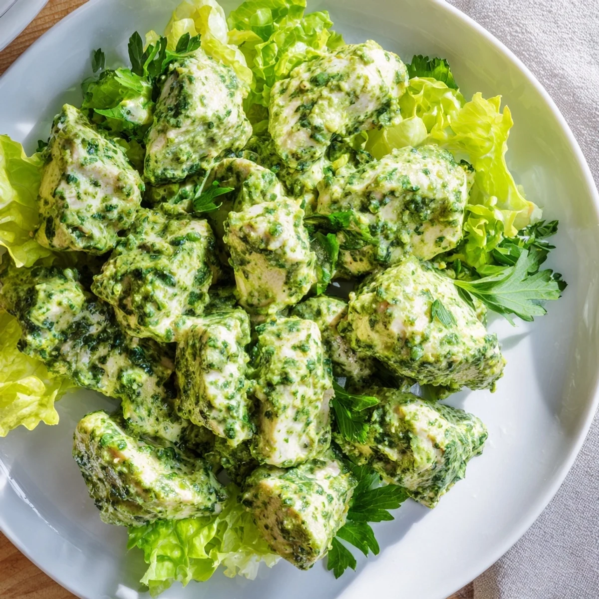 Green Goddess Chicken Salad combines juicy chicken with tangy yogurt-herb sauce, garnished with fresh tarragon and mixed salad greens.
