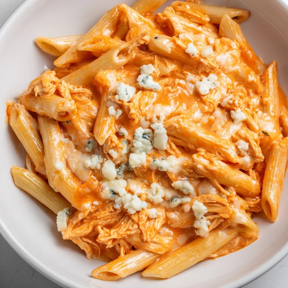 Golden Buffalo Chicken Pasta steaming in a bowl, coated in creamy orange sauce and topped with crumbled blue cheese and chives.