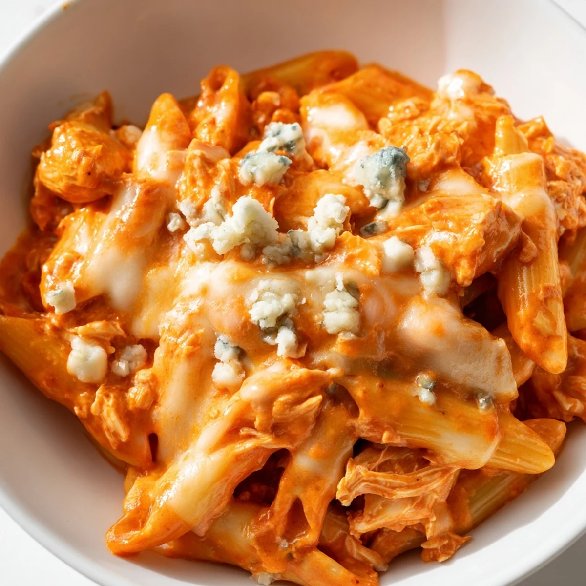 Buffalo Chicken Pasta presented in a skillet, garnished with fresh green onions and blue cheese for a bold, comforting meal.