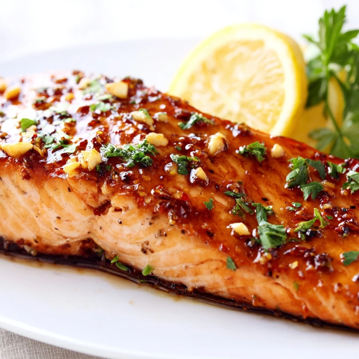 Flaky, oven-roasted honey garlic glazed salmon fillets served hot, brushed with a rich butter and soy glaze, ideal for a gluten-free pescatarian meal.