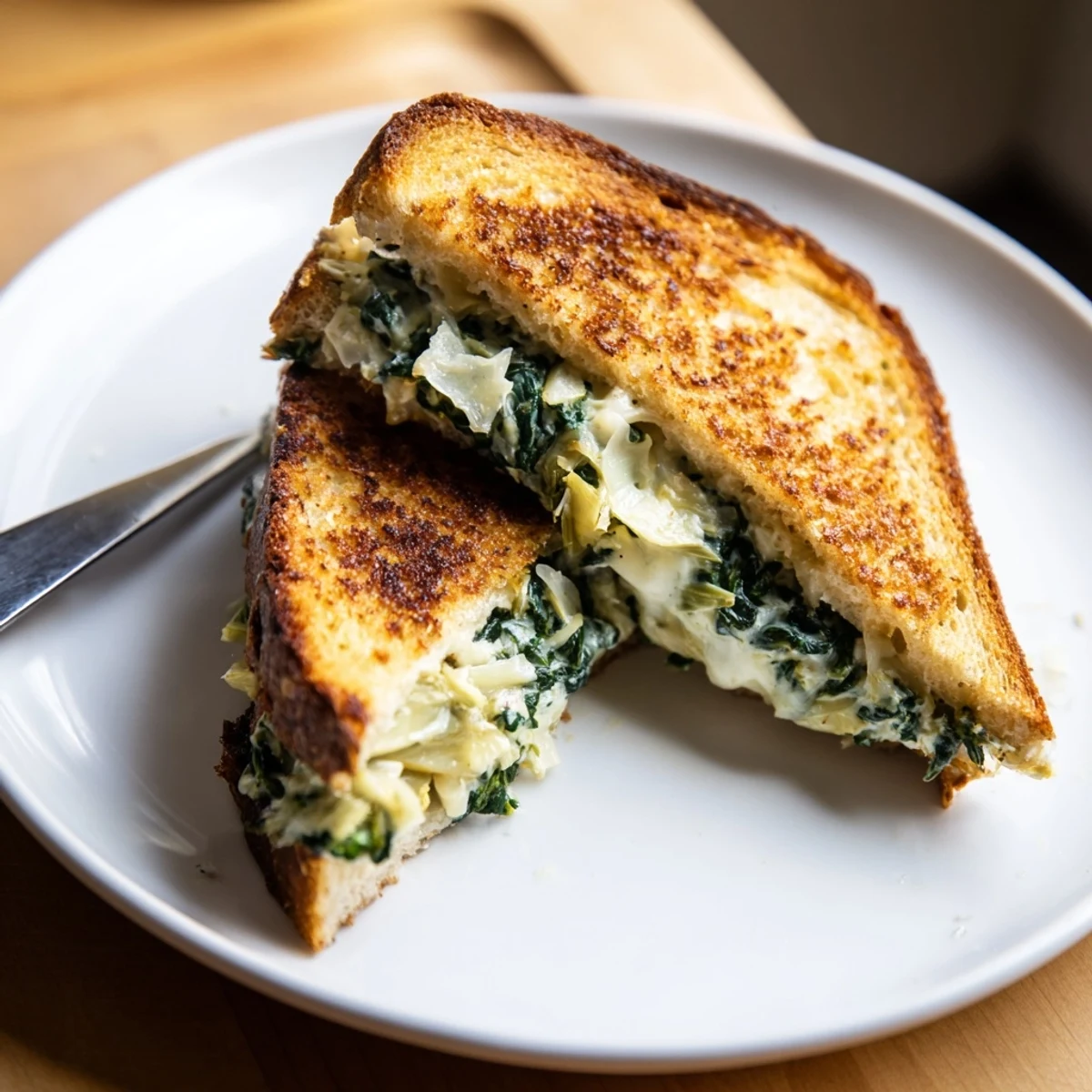 Golden-brown sourdough slices reveal a creamy spinach artichoke grilled cheese filling, melted and oozing.  