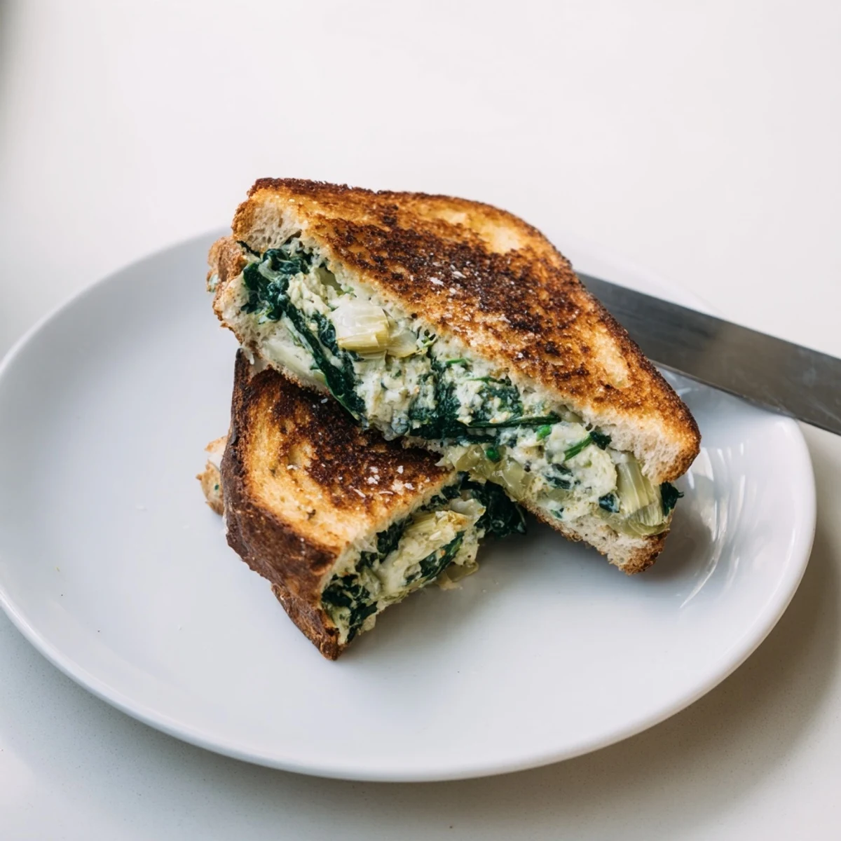 A close-up view shows crispy crusts on a homemade spinach artichoke grilled cheese, steam rising.