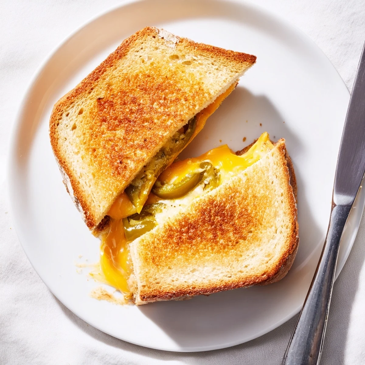 Perfectly grilled Cheddar Jalapeño Grilled Cheese on golden buttery bread with melty cheese oozing out.