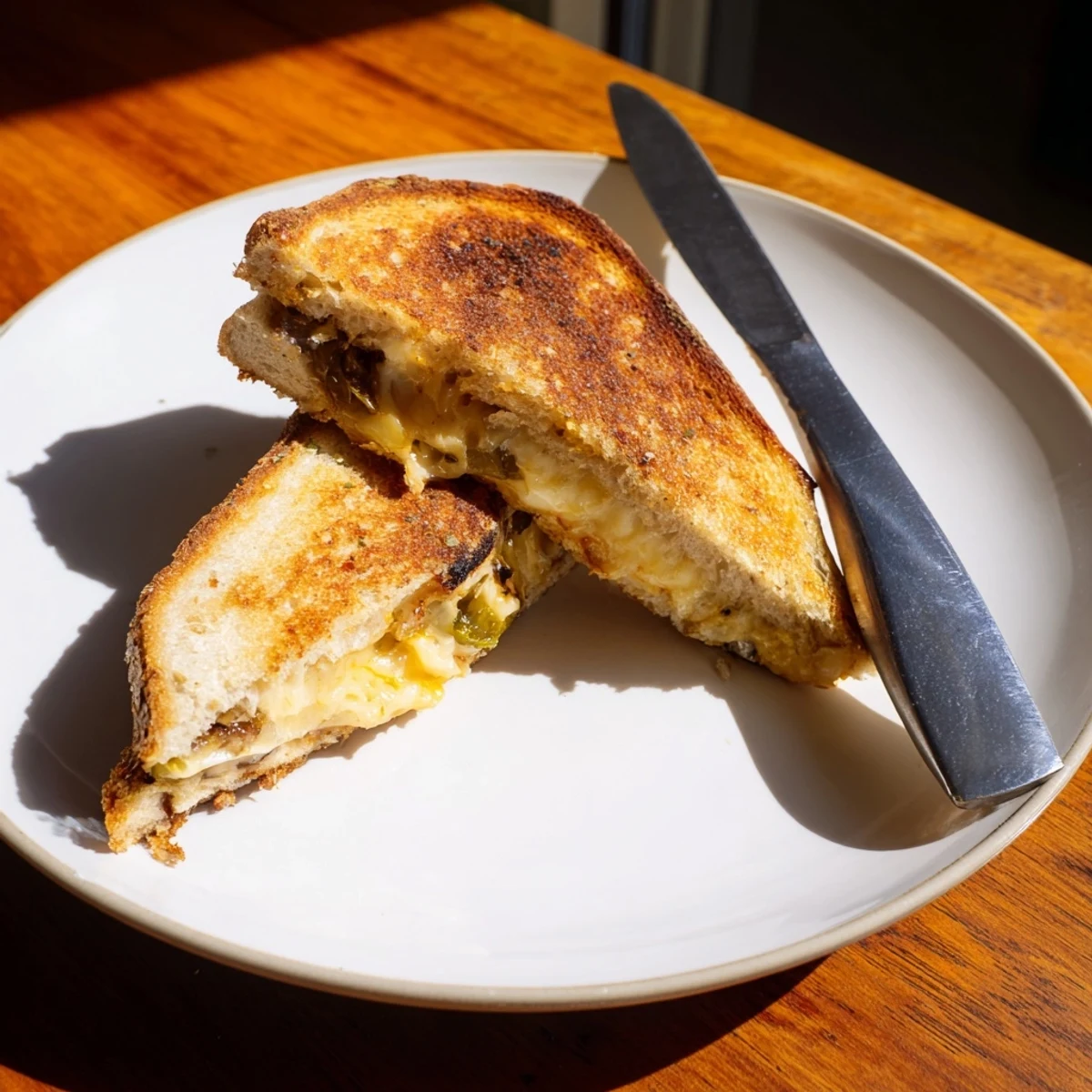 A delicious vegetarian Cheddar Jalapeño Grilled Cheese served beside a warm bowl of red tomato soup.