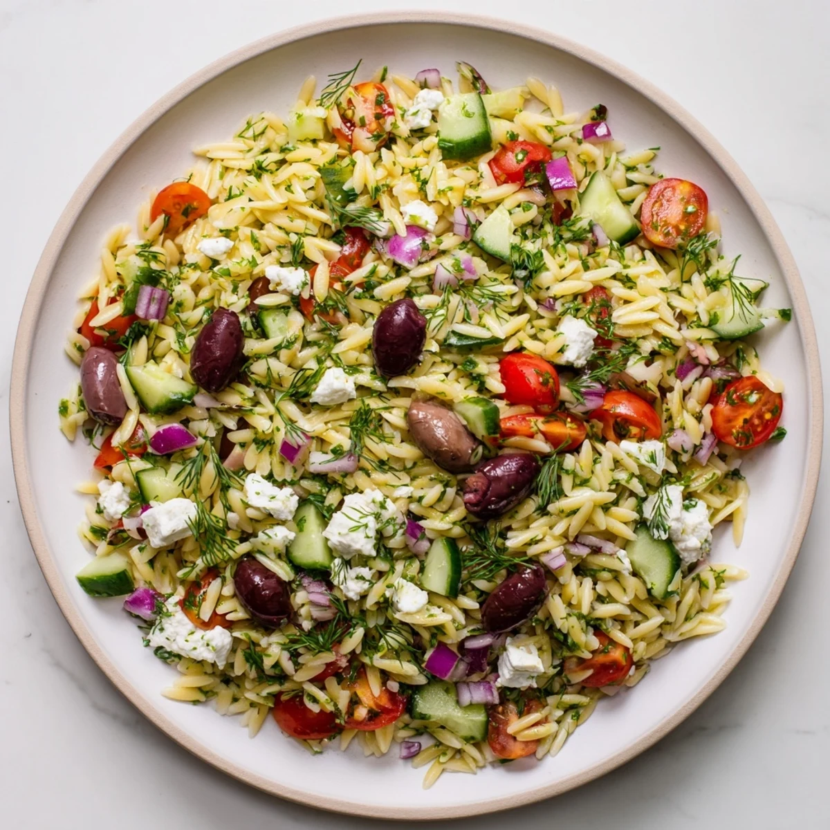 Colorful Mediterranean orzo pasta salad with tomatoes, cucumber, and feta, perfect for summer potlucks or a refreshing lunch.