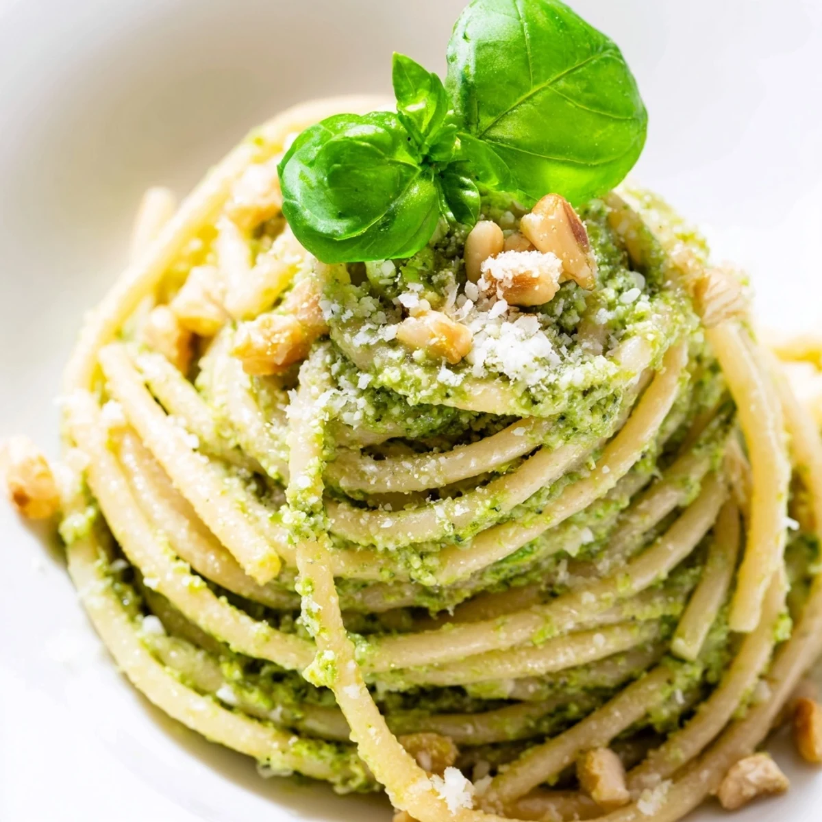 Creamy Sunflower Seed Pesto Pasta tossed with silky sauce and fresh basil garnish, ready to serve.