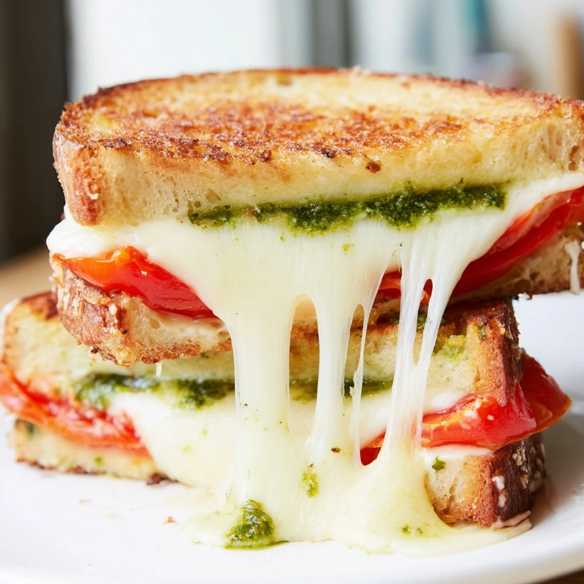 A comforting lunch plate featuring Roasted Tomato Pesto Grilled Cheese, served beside a fresh green salad and a steaming bowl of tomato soup.
