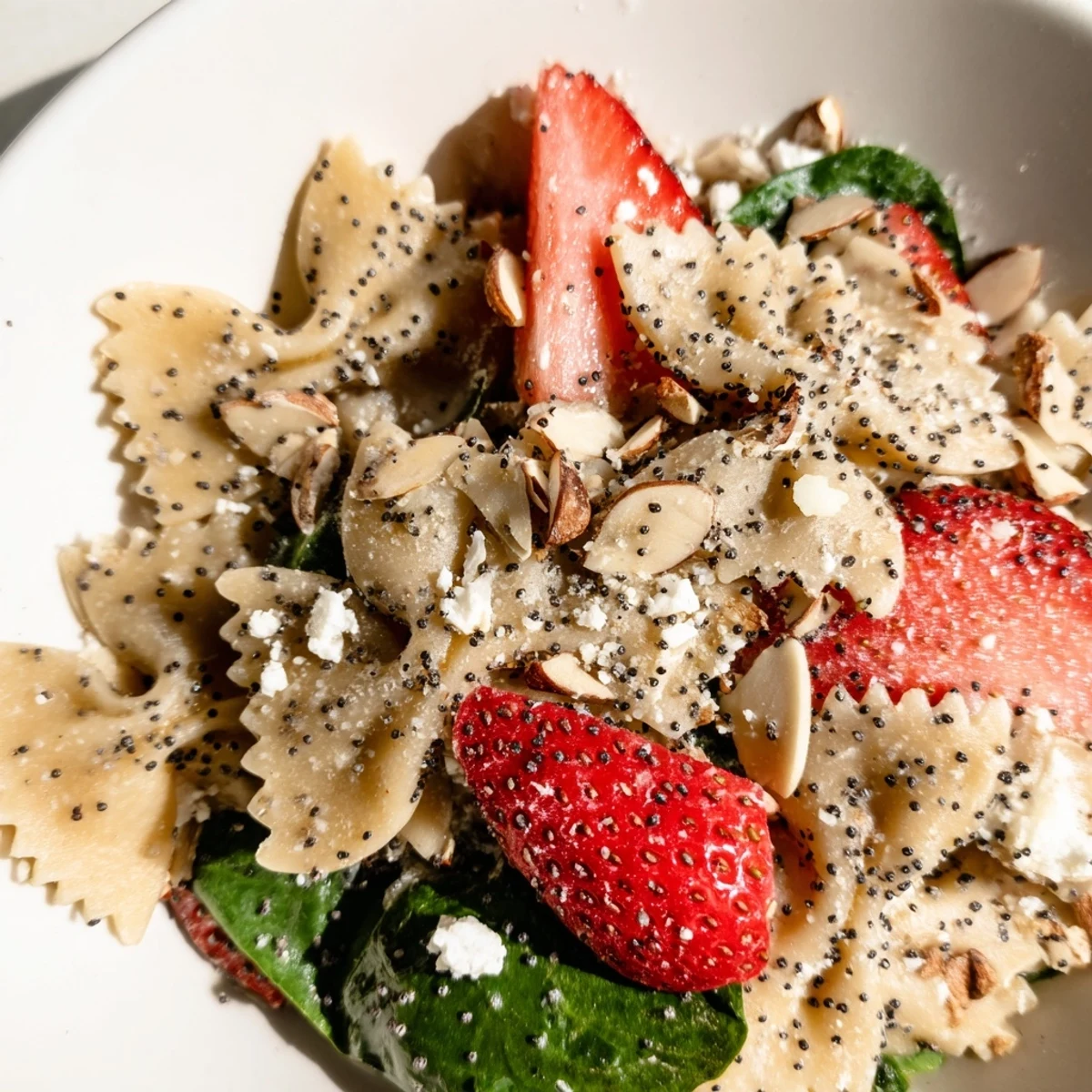 Bright green baby spinach and sweet sliced strawberries tossed with al dente bow-tie pasta in a creamy poppy seed dressing.