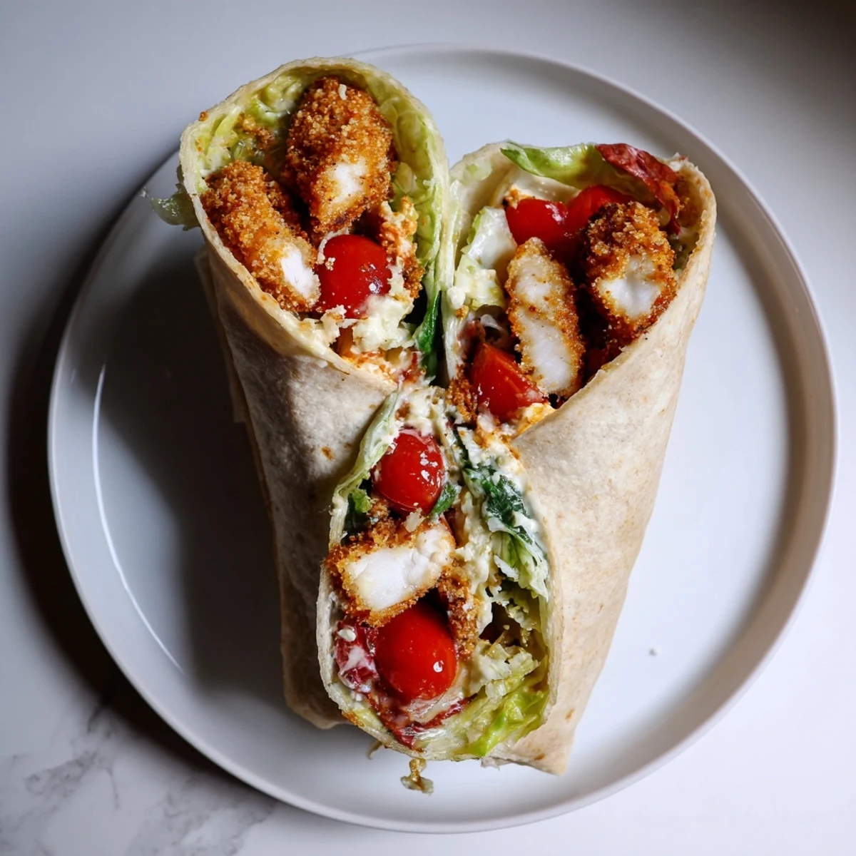 Freshly assembled Hot Honey Chicken Caesar Wrap cut in half, revealing layers of crunchy chicken and tossed Caesar greens.