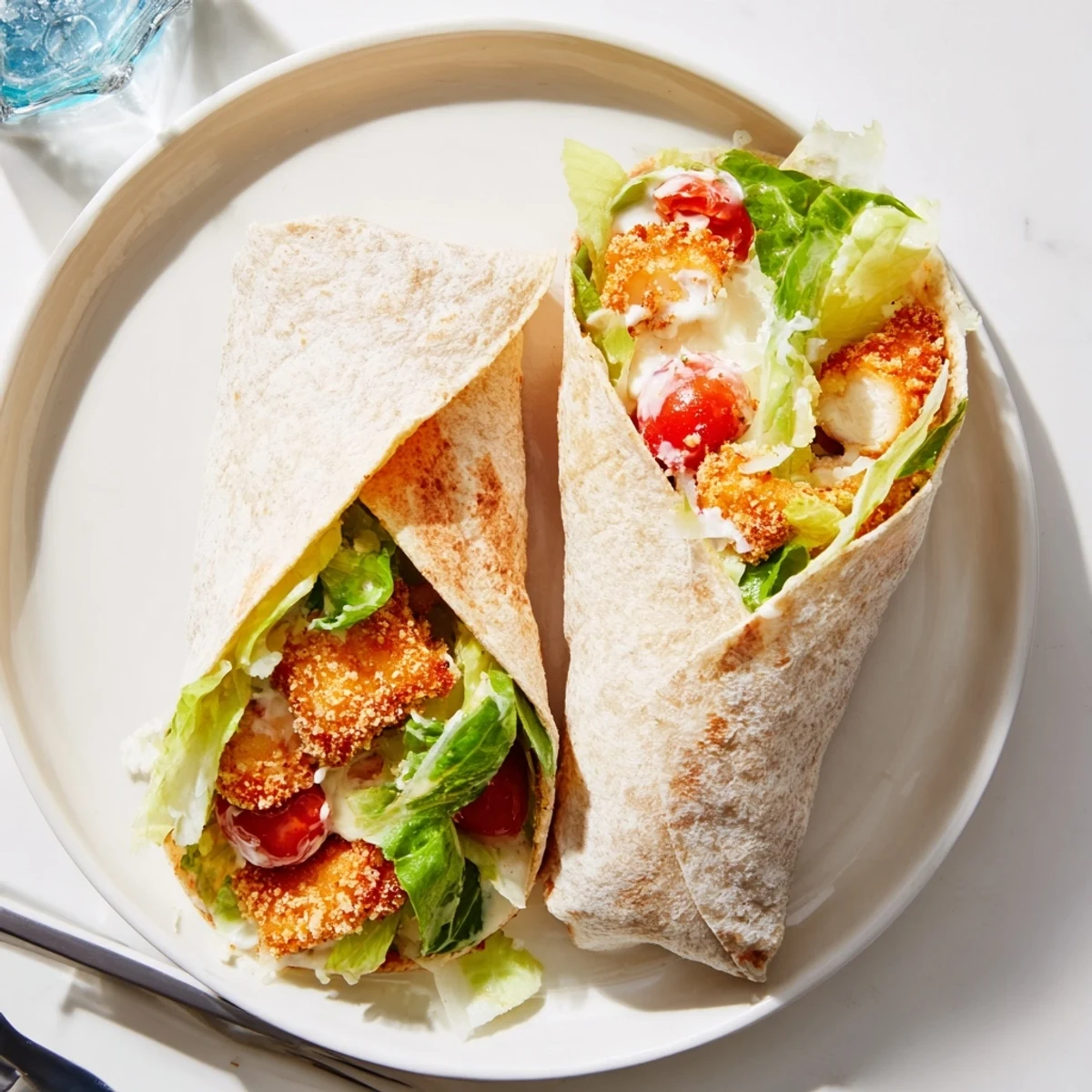 A handheld Hot Honey Chicken Caesar Wrap filled with creamy romaine, Parmesan, and drizzled with bold sweet-spicy glaze.  