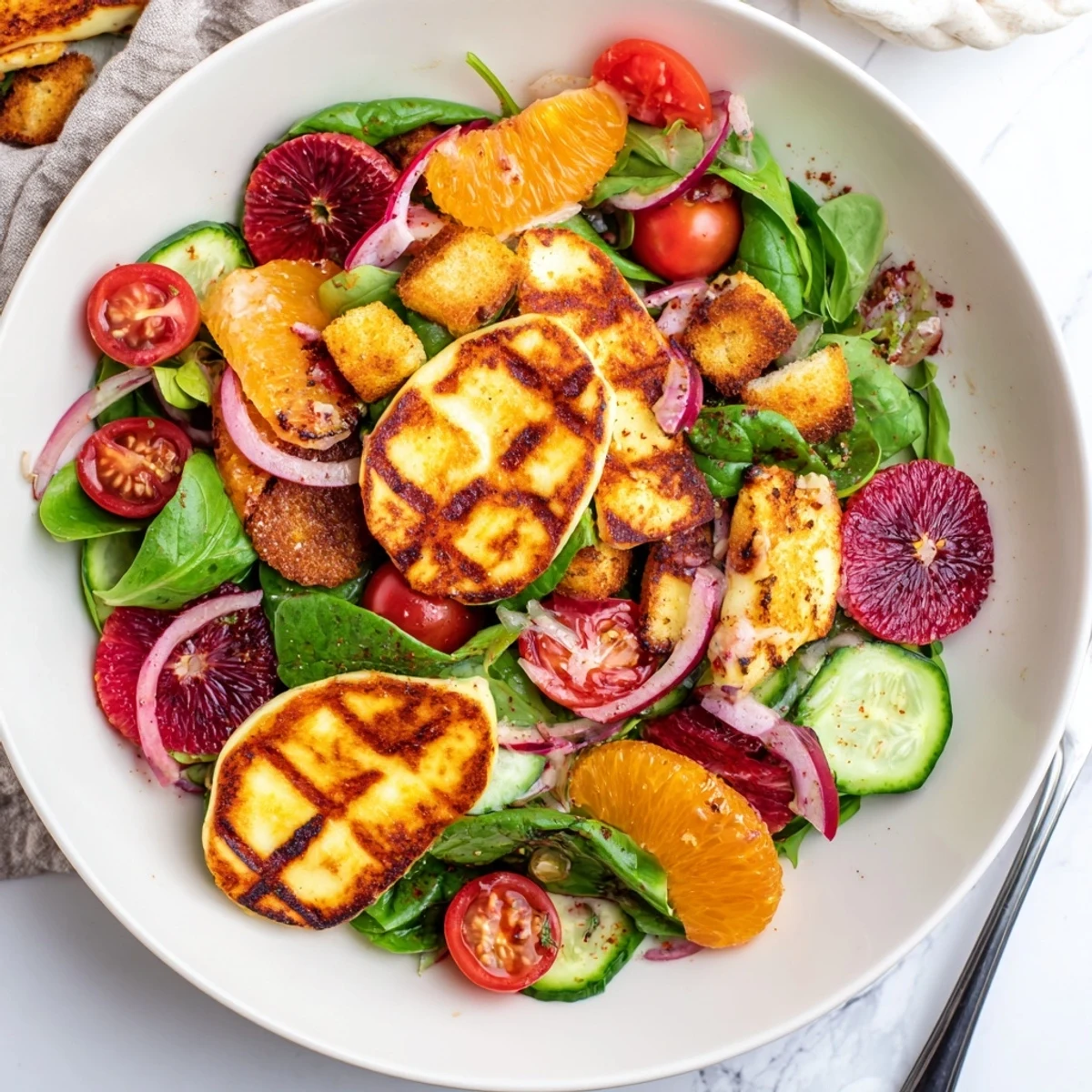 Golden-fried halloumi and blood orange slices atop a colorful fattoush salad with sourdough croutons.