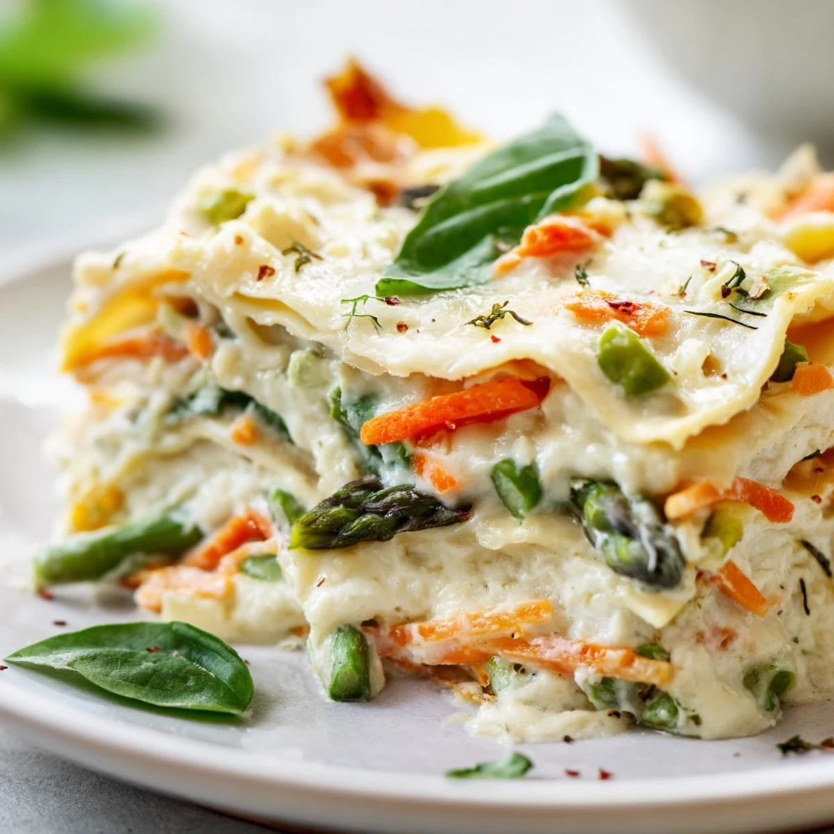 Fresh zucchini and snap peas in Spring Veggie Alfredo Lasagna, garnished with basil and Parmesan.