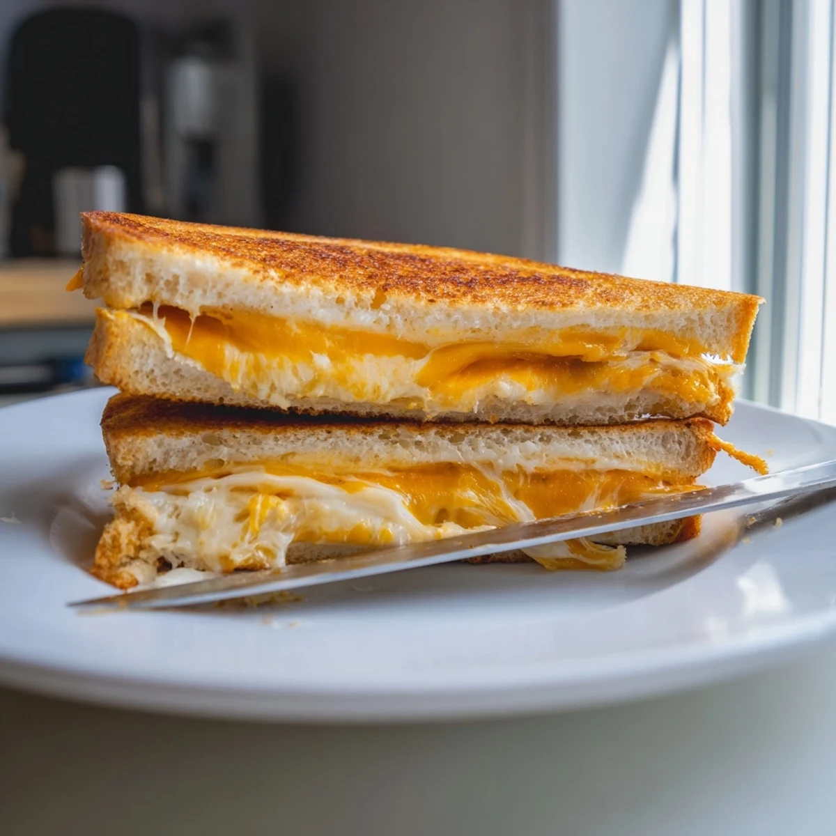 Golden-brown Triple Cheese Sourdough Grilled Cheese rests on a rustic wooden board, its thick, crispy slices revealing layers of melted cheddar, provolone, and mozzarella.