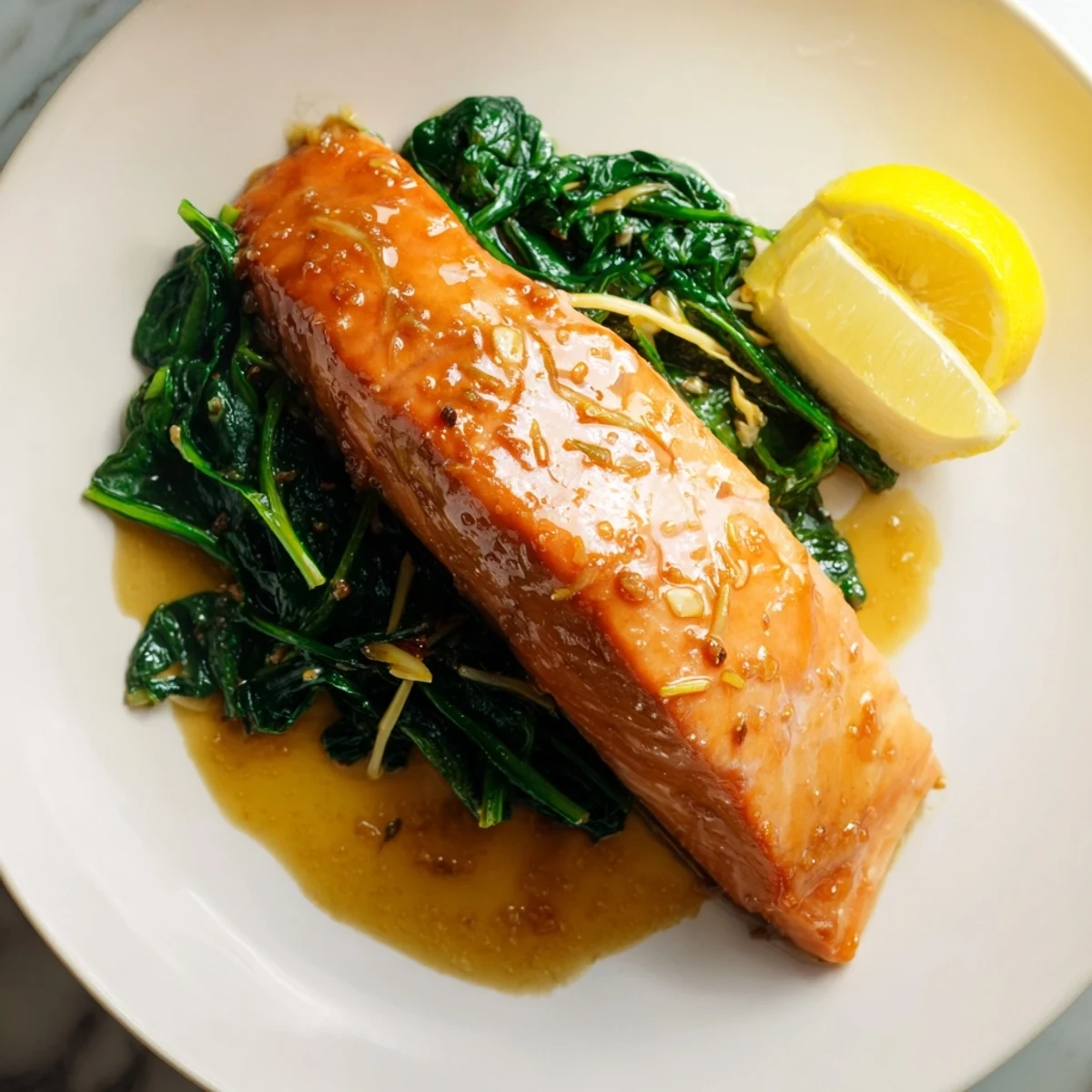 Miso salmon on sautéed spinach, served on a rustic plate with a sprinkle of sesame seeds and fresh ginger.