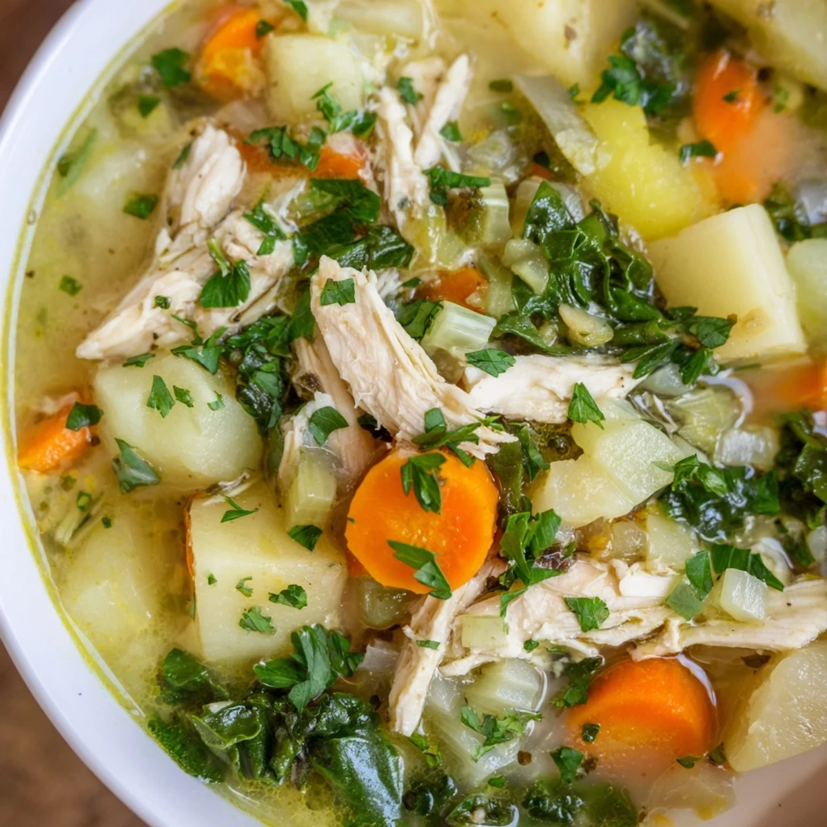 A close-up of Collard Greens, Chicken and Vegetable Soup in a rustic bowl, with tender chicken shreds, diced potatoes, and bright green leaves visible.  