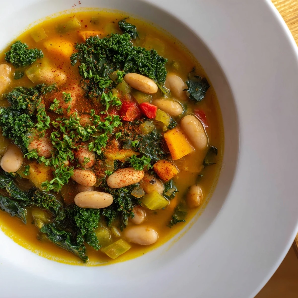 A steaming bowl of Mediterranean White Bean Stew, garnished with fresh parsley and lemon wedges, alongside crusty bread.