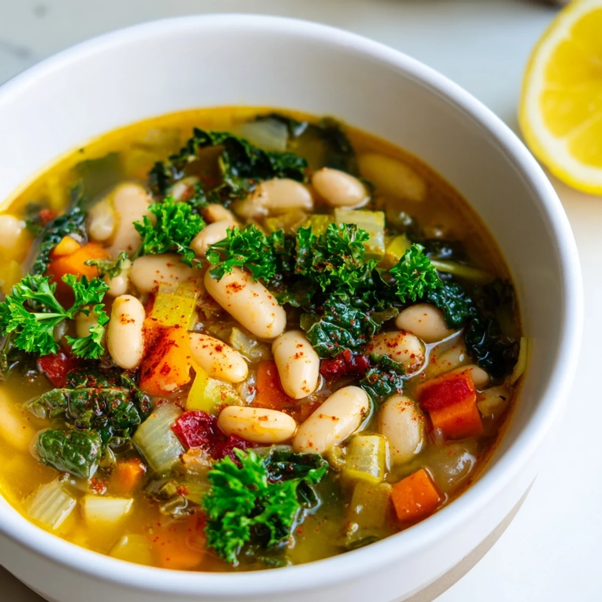 Mediterranean White Bean Stew simmering in a pot, featuring tender carrots, kale, and red bell peppers in a rich broth.