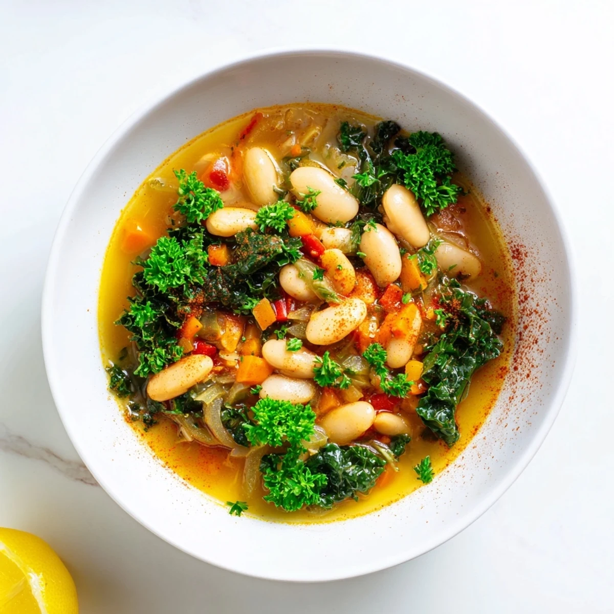 Close-up view of Mediterranean White Bean Stew served in a rustic bowl, topped with a drizzle of olive oil and fresh herbs.