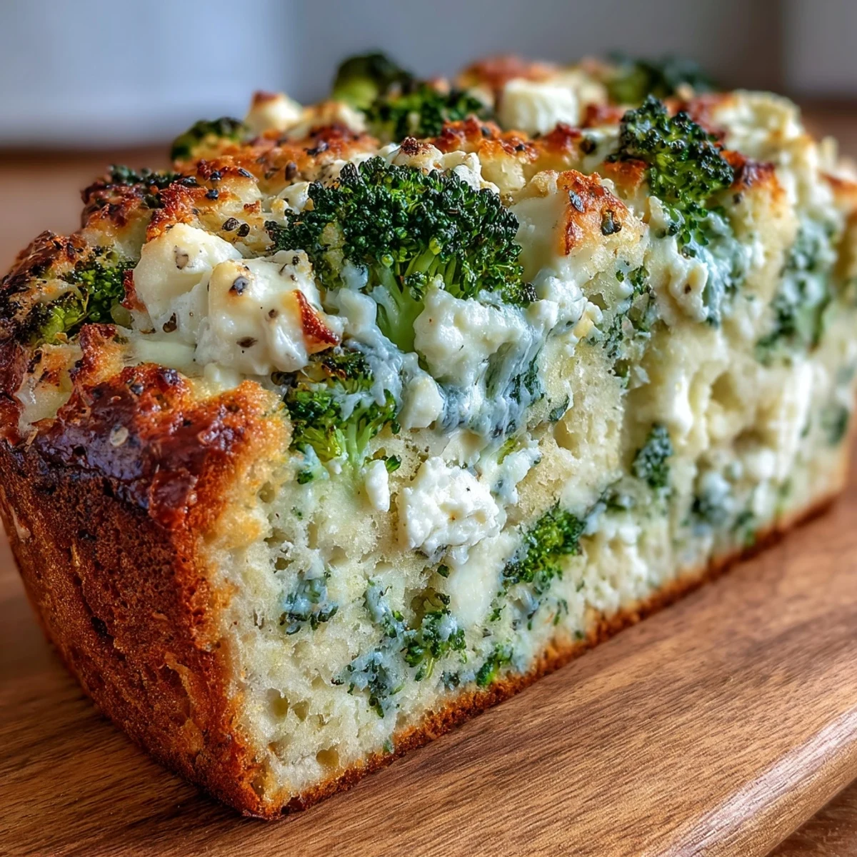 Freshly baked Broccoli and Feta Loaf, featuring golden crust and vibrant green broccoli florets peeking through moist, crumbly slices, ready to serve.