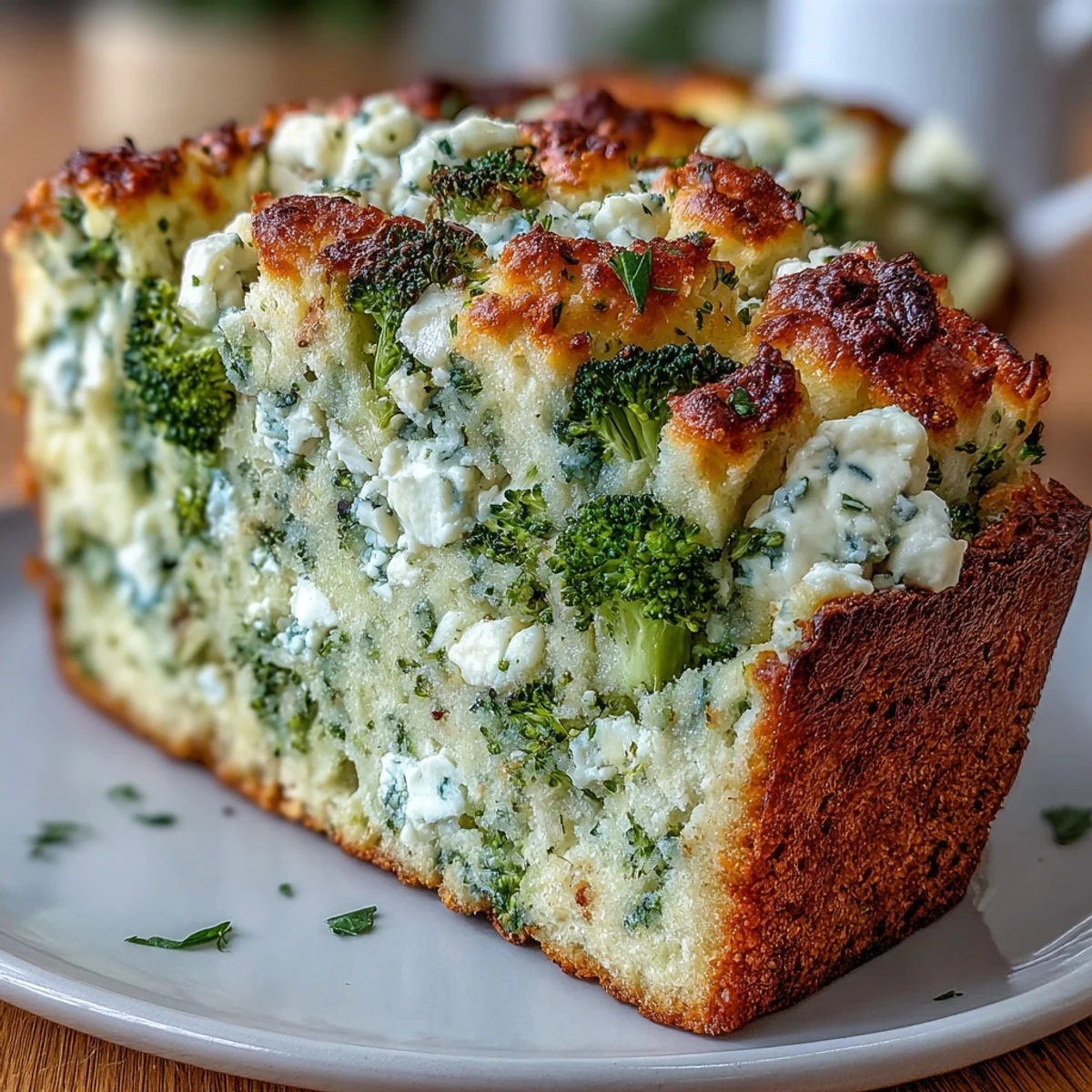 Savory Mediterranean Broccoli and Feta Loaf, moist and tender, with creamy feta crumbles and chopped broccoli, ideal for toasting or pairing with soup.