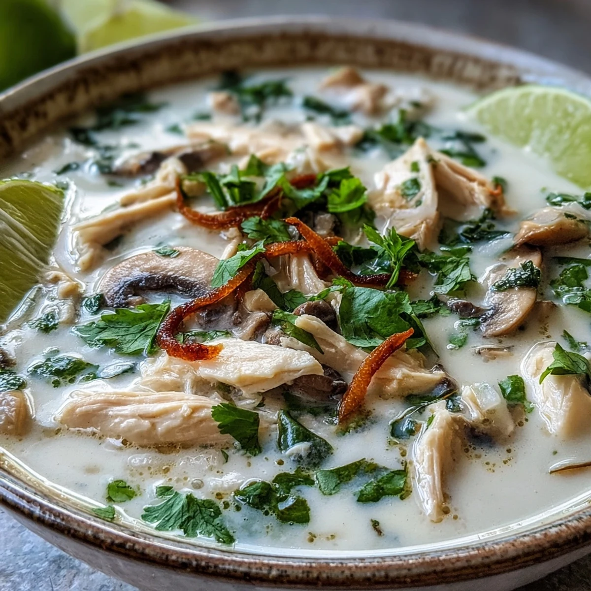 A steaming bowl of Authentic Tom Kha Gai soup, featuring tender chicken and mushrooms swimming in creamy coconut milk broth.  