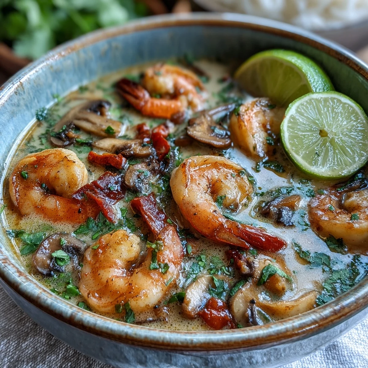 Thai Coconut Shrimp Soup in a white bowl with fresh cilantro and lime wedges.