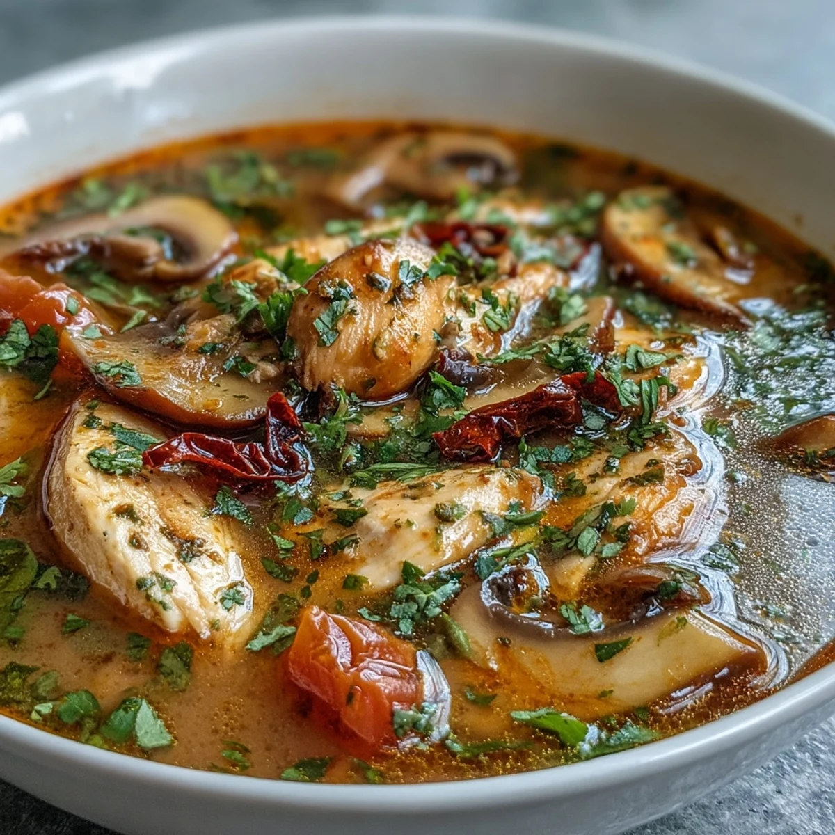 Spicy and sour Tom Yum Gai soup with tender chicken, mushrooms, and fresh cilantro garnish.