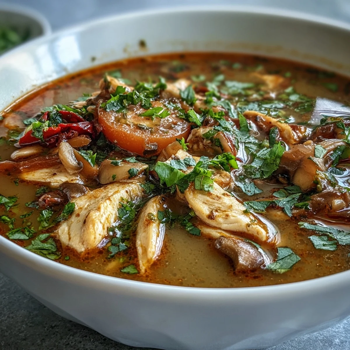 Steaming bowl of Tom Yum Gai, showcasing vibrant red tomatoes and aromatic Thai herbs.