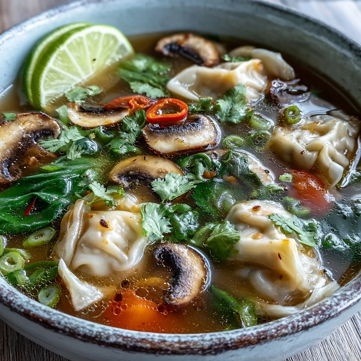 A close-up of Tom Yum Wonton Soup featuring plump pork dumplings in a clear, aromatic broth with mushrooms, cherry tomatoes, and fresh cilantro garnish.