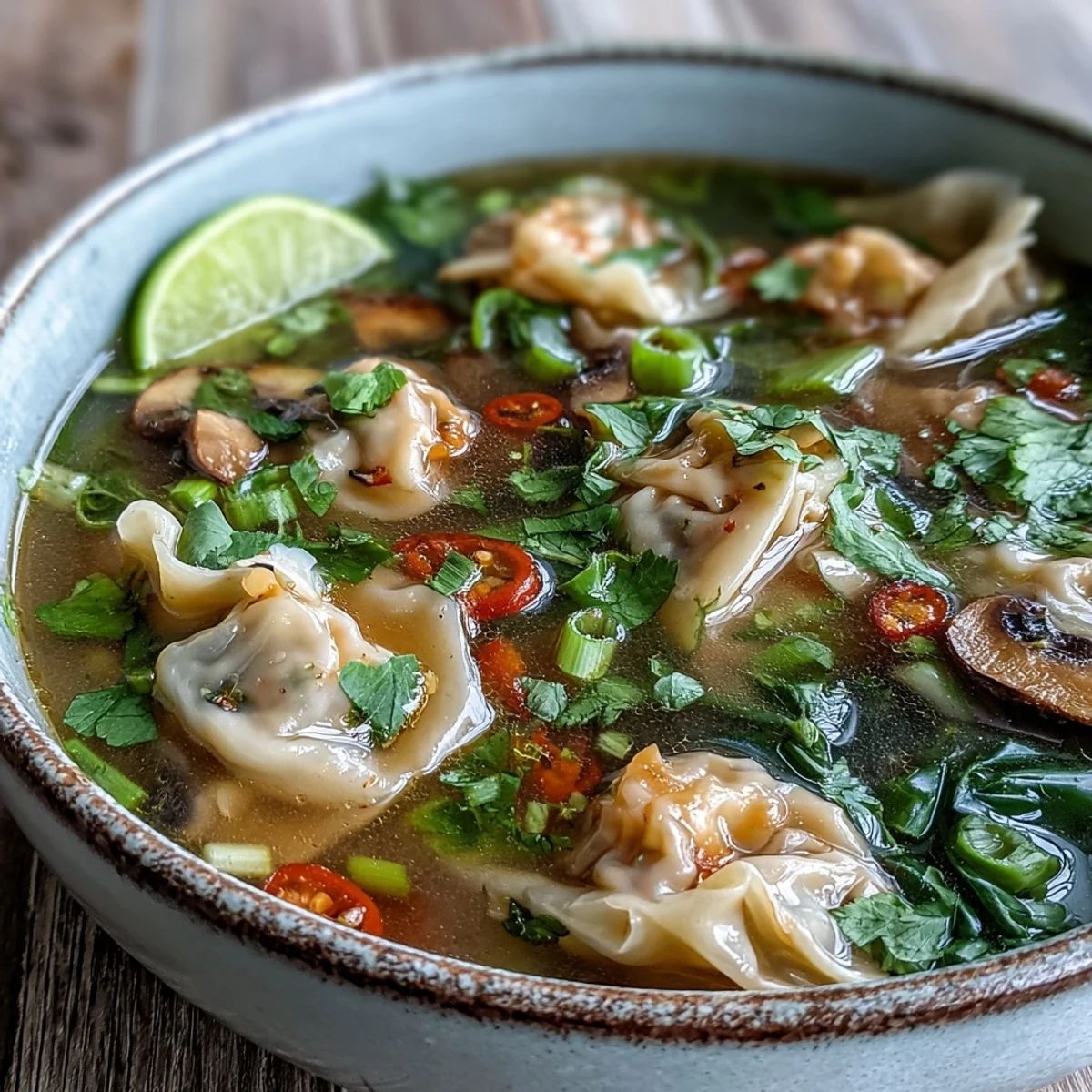 Spicy Tom Yum Wonton Soup steaming in a white ceramic bowl, showcasing tender wontons, sliced shiitake mushrooms, and vibrant lime wedges on the side.
