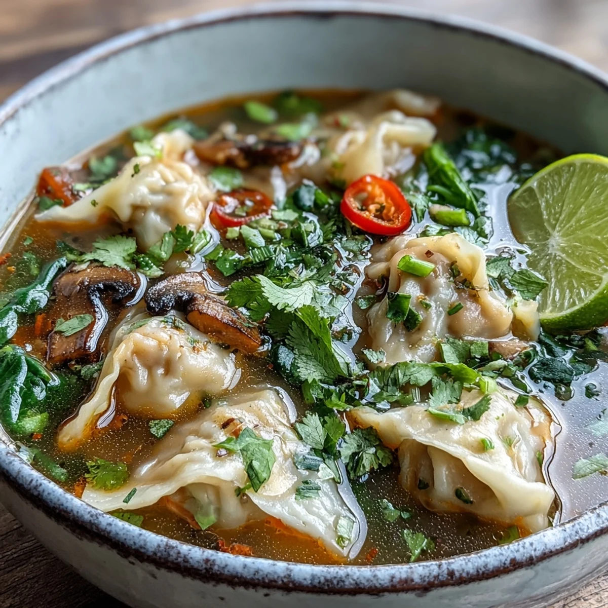 A ladle lifting tender wontons from a steaming pot of Tom Yum Wonton Soup, filled with bok choy, galangal, and chili slices for a spicy kick.