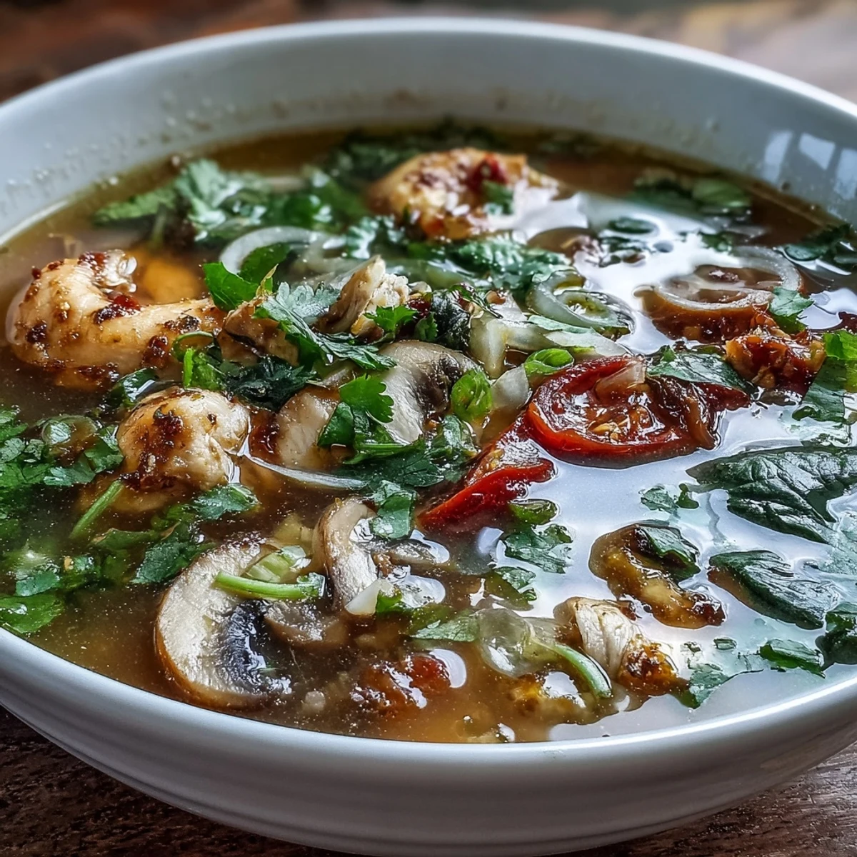 Aromatic Tom Yum Chicken soup with vibrant red tomatoes, green herbs, and crushed bird's eye chilies in a rustic ceramic bowl.